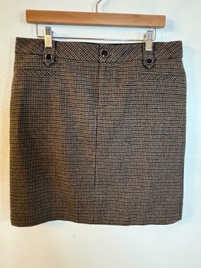 Eddie Bauer Skirt Wool Brown Houndstooth Fully Lined Front Zip Size 10 Pockets